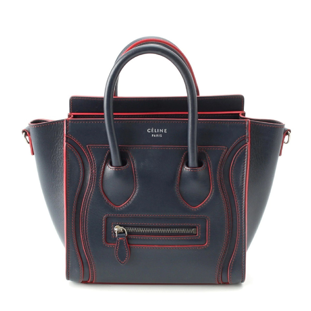 Celine Luggage Tote Shopper Leather Shoulder Handbag Navy Blue x Red
